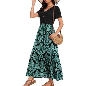 VIISHOW Women's Short Sleeve Loose Plain Maxi Dresses Casual Maternity Dresses Long Dresses with Pockets, Floral Black Green, X-Large
