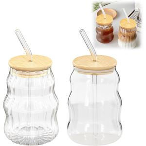 2 PCS Ribbed Cute Glass Cups,18 Oz Iced Coffee Glasses with Lids and Straws Iced Coffee Cups Glass