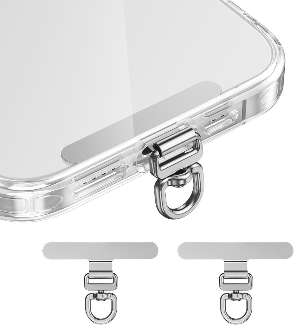 saxsion Phone Tether Tab & Lanyard Tab, 360° Swivel Clip - Ultra Thin Stainless Steel Universal Patch for All Phone Cases, No Block Charging (Fashion Silver*2)