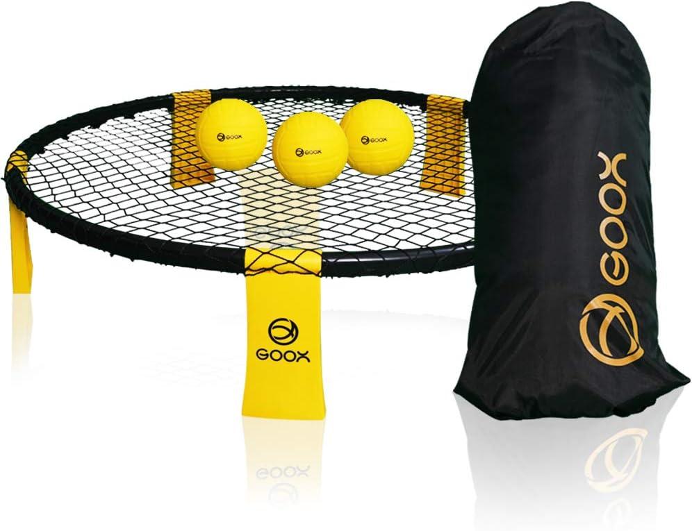 GOOX Outdoor Beach Ball Games with Carrying Bag, 3 Balls, Net and Strip Light (ONLY for Light Up Set)- Roundnet Game Set for Family - Played Outdoors, Indoors, Beach, Lawn, Yard and Park, Medium