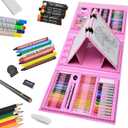 Sunnyglade 185 Pieces Double Sided Trifold Easel Art Set, Drawing Art Box with Oil Pastels, Crayons, Colored Pencils, Markers, Paint Brush, Watercolor Cakes, Sketch Pad (Pink)
