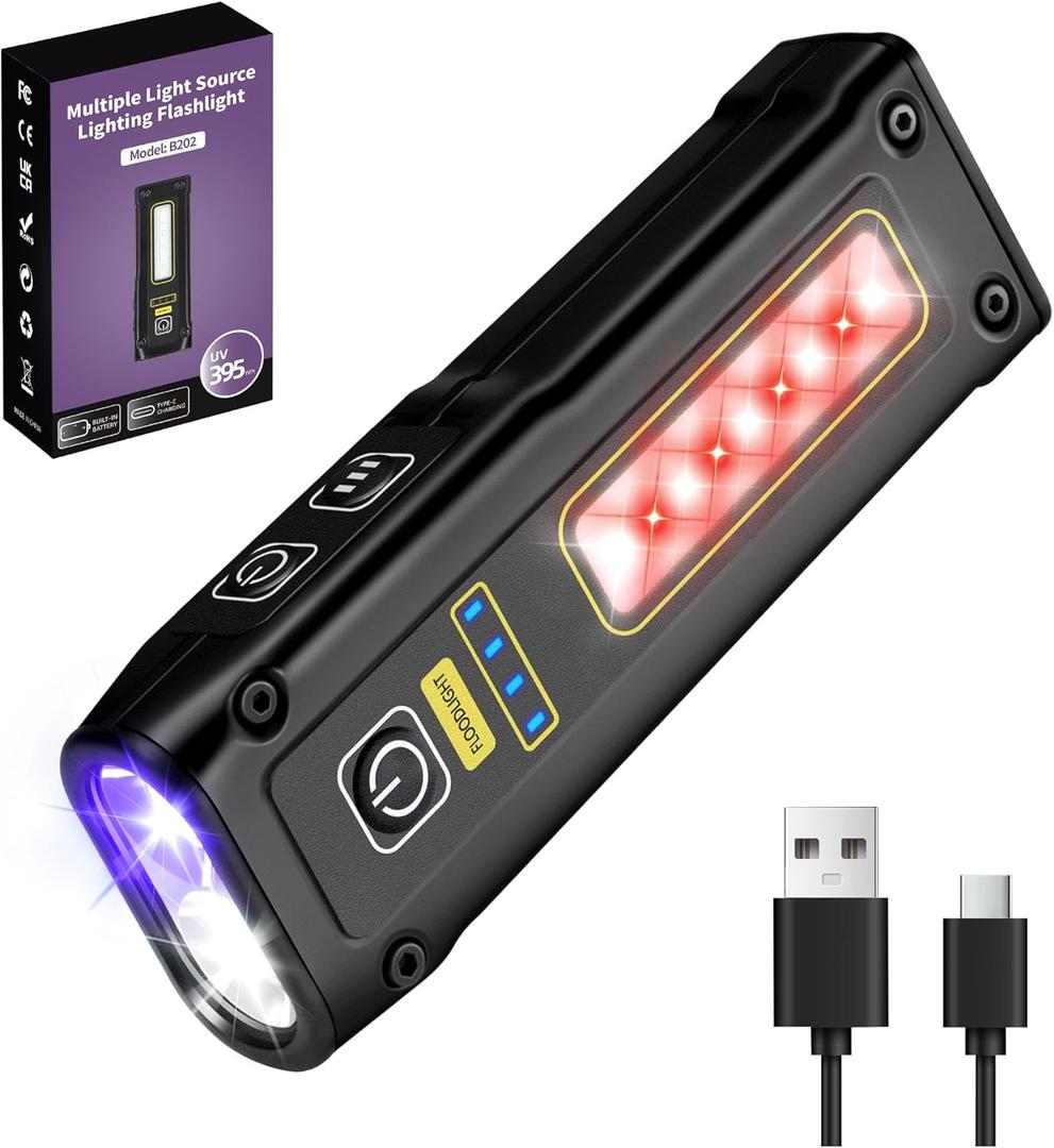 Flashlight UV Light 395nm, Blacklight EDC Flashlights Mini LED high Lumen USB C Rechargeable Portable with Magnetic Base, COB White & Red Light, Output Emergency Power, for Pet Urine, Resin Curing