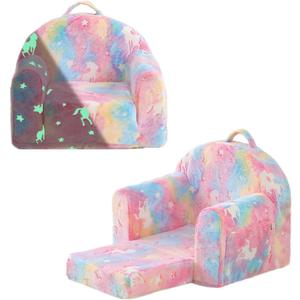 Toddler Chair Comfy,Toddler Couch Fold Out, 2-in-1 Kids Chair,Flip Out Kids Couch,Toddler Sofa Convertible,Children Reading Chair for Age 1-3(Pink) (Glowing Pink Unicorn)