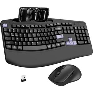 Wireless Keyboard and Mouse Combo, 2.4G Full Size Wave Keys Ergonomic Keyboard with Wrist Rest, Phone Holder, 3-Level DPI Wireless Silent Mouse with 6-Buttons, for Windows, Mac OS (Purple Black)