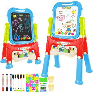 Amagoing Easel for Kids, Adjustable Standing Art Easel for Toddler 2-4, 4 in 1 Double Side Chalkboard Drawing Board with Painting Accessories, Learning Toy Gift for Little Boys Girls Age 3 4 5, Blue