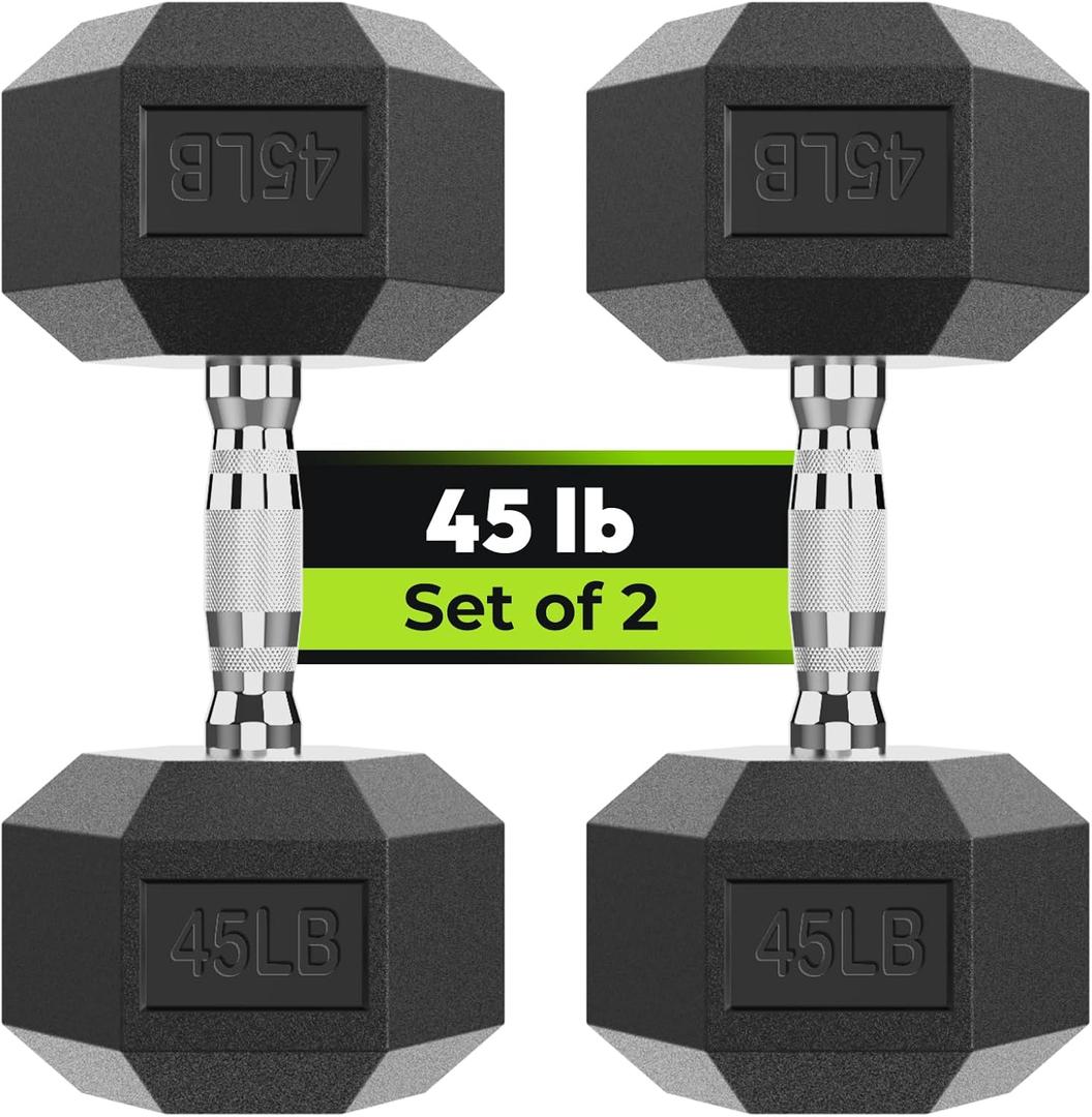 Hex Dumbbell Set, 45 lb Rubber Encased Exercise & Fitness Dumbbells, Weights Dumbbells Set of 2, Hand Weight for Strength Training