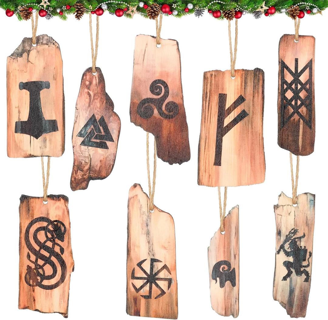 9 Pcs Viking Rune Yule Ornaments Pagan Wooden Christmas Tree Hanging Decorations Natural Wood Retro Ornaments for Xmas Party Decor
