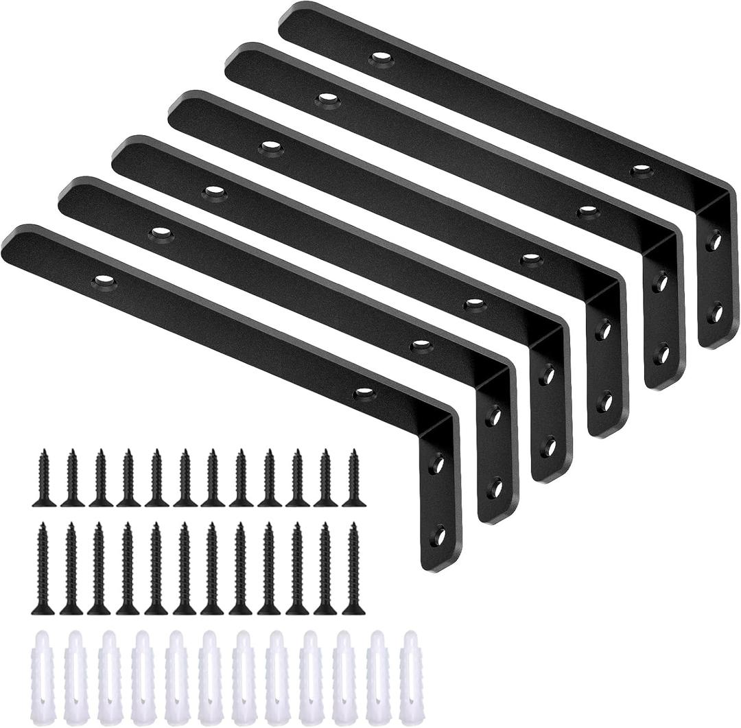 LSK 6PCS L Bracket, 6"2"(15050mm) Shelf Support Corner Bracket for Wooden Board, Max Load : 42lb, Black