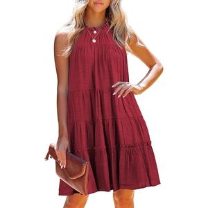 Aoysky Womens Summer Sleeveless Halter Ruffle Flowy Boho Dress Casual Loose Swing Pleated Tiered A-Line Beach Party Dress Wine M