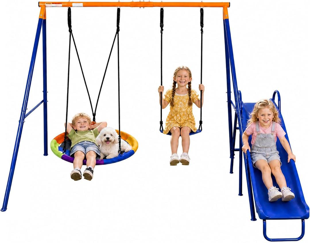 3-in-1 Kids Swing Set, Heavy-Duty A-Frame Swing Stand with Swing & Slide