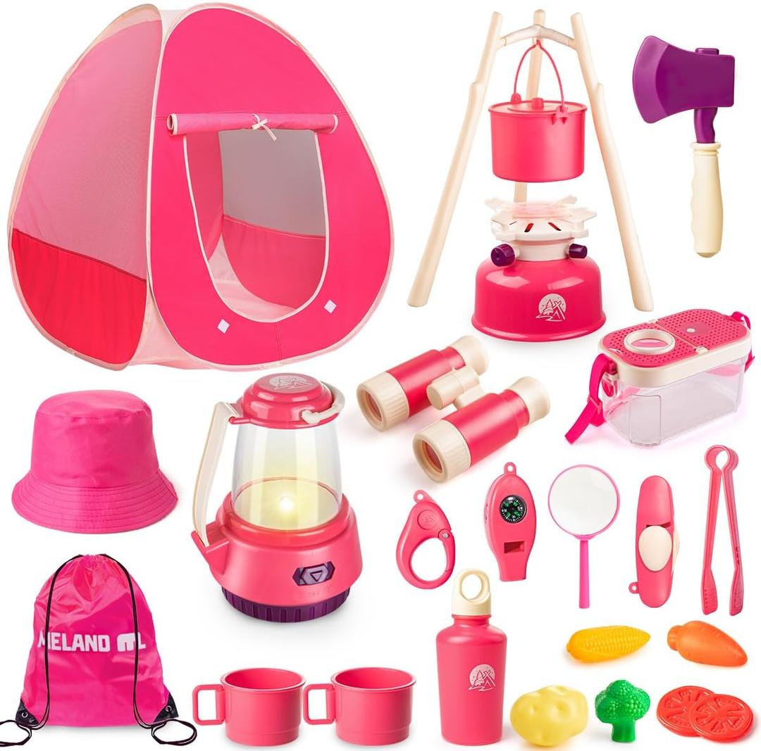 Meland Kids Camping Set for Girls - Camping Tent Toys for Girls Indoor Outdoor Pretend Play, Christmas Birthday Gift Idea for Toddler Girl Age 3,4,5,6 Year Old (Pink)