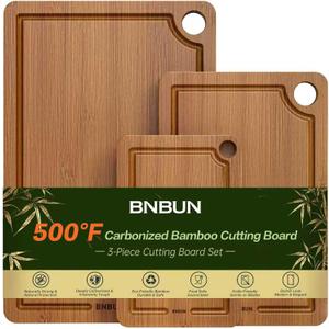 Bamboo Cutting Board for Kitchen 3-Piece Wooden Boards with Juice Grooves, Side Handles, Non-Slip Mats Perfect for Meat, Veggies Fruit,Cutting Board & Knife Sets Ideal Kitchen Gift (Carbonized Brown)