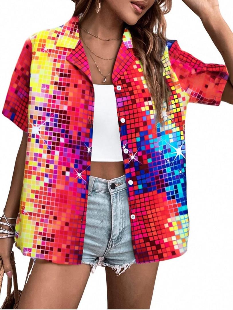 80s 90s Outfits for Women Disco Outfit Neon Shirts Retro Themed Party Hawaiian Button Down Short Sleeve Blouse Tops (Small, Red) 80s 90s Outfits for Women Disco Outfit Neon Shirts Retro Themed Party Hawaiian Button Down Short Sleeve Blouse Tops (Small, Red)