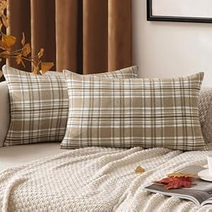 MIULEE Set of 2 Scottish Tartan Plaid Throw Pillow Covers Farmhouse Classic Decorative Square Cushion Cases for Decor Sofa Couch 12x20 Inch, Khaki and White