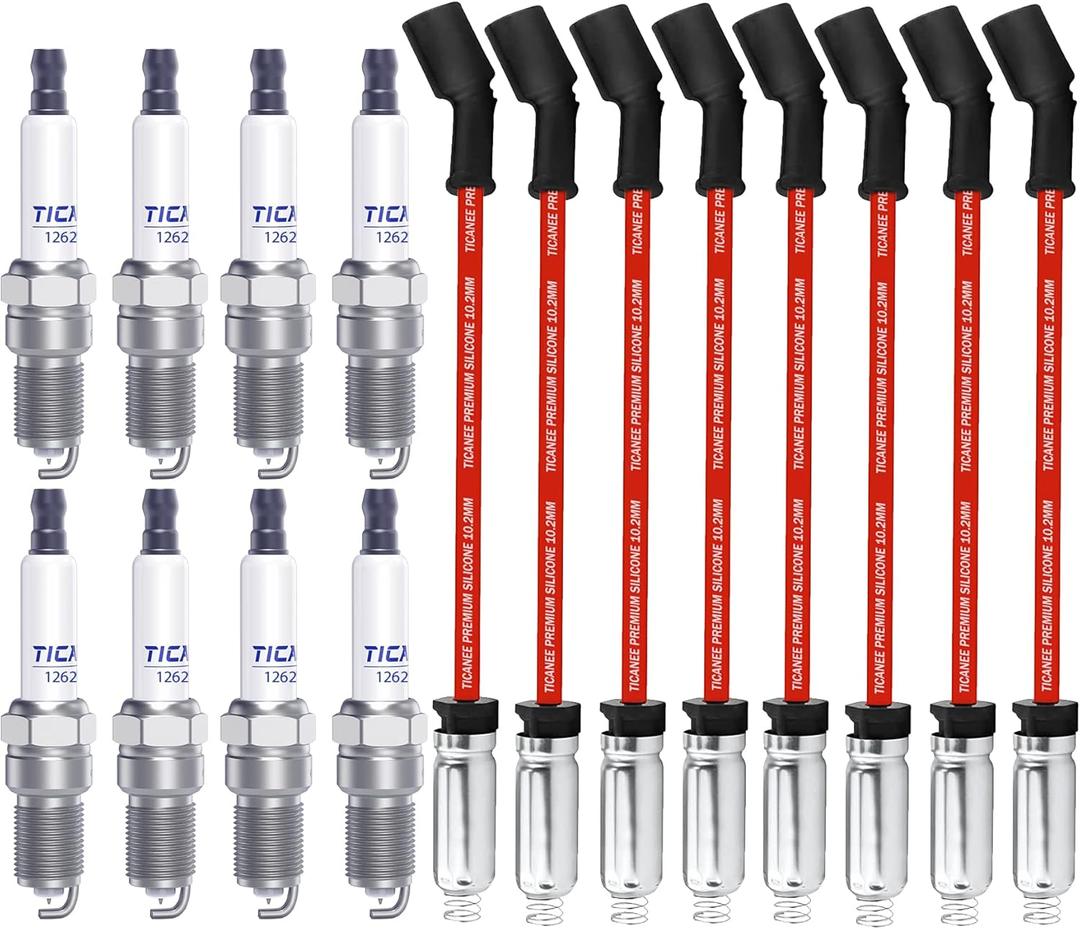 Iridium Spark Plugs and Wires Set for Chevy 5.3L Silverado 1500 Suburban Avalanche Tahoe 4.8L 6.0L, 41-110 Spark Plugs Compatible with GMC Yukon Sierra 12621258
