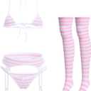 ABAFIP Women Cute Kawaii Anime Lingerie set Halter Strap Micro Bra Tiny Panty Garter Belt Striped Stockings 4Pcs Underwear Pink, One Size