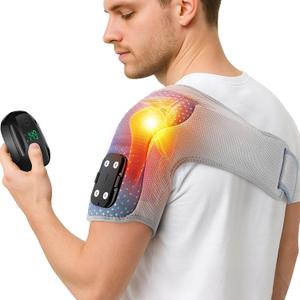 Cordless Heating Pad for Shoulder for Rotator Cuff Pain Relief, Vibration Heated Shoulder Brace Massager Wrap,Shoulder Heating Pad with 6 Heat Options 3 Vibration Modes and Timer (Grey+ Blue)