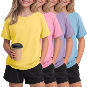 Oakgarden 4 Pack Girls Short Sleeve T Shirts Kids Casual Loose Tops Rolled Cuff Cute Basic Tees 5-14 Years Back to School