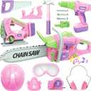 Kids Tool Set with Electric Toy Drill Chainsaw Jigsaw Toy Tools for Girl, Realistic Kids Power Construction Pretend Play Tools Set Toddler Toys Playset Kit for Toddler Boy Girl Kid Child Tool Toy Pink