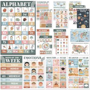 BEAWART 18 Modern Boho Educational Posters - Laminated Learning Poster Charts for Classroom Decor - Alphabet ABC Poster, World Map - Homeschool and Classroom Wall Decoration
