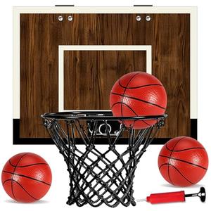Laapee Indoor Basketball Hoop Mini Set – Wall Mount，Over The Door Dark Wood Backboard & Iron Rim, Anti-Shock Padding, 3 Balls & Air Pump, 16"x12"x3" (No-Score Version)
