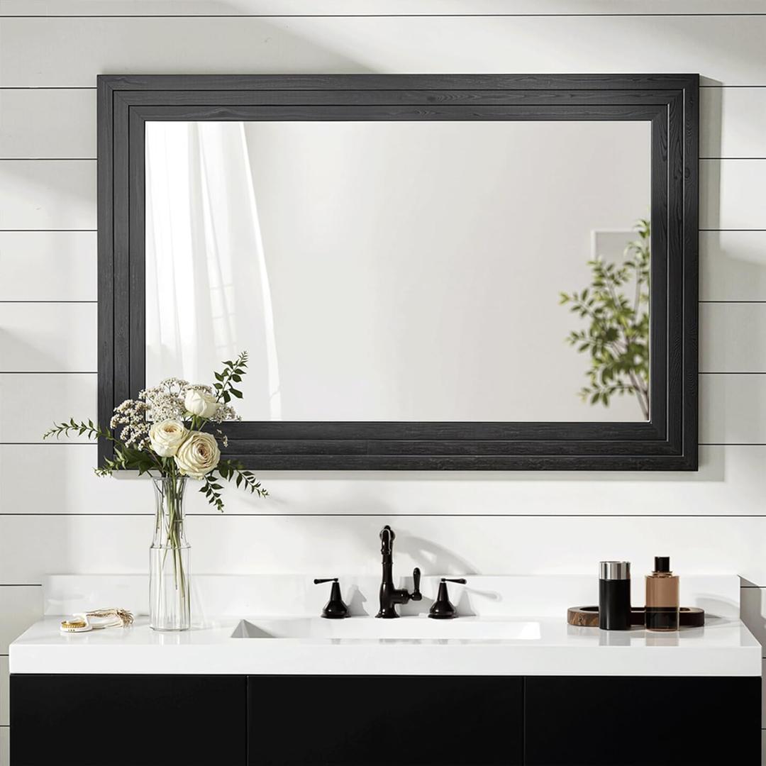 Wood Framed Mirrors for Wall, Black Bathroom Vanity Mirror for Over Sink 26 x 38, Vintage Wall Mirror for Bathroom Sink Hallway Entryway Bedroom Living Room Farmhouse Boho Style