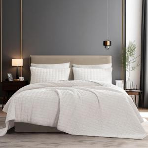SHALALA Corduroy Quilt Queen Size 3 Pieces Bedding Set,Striped Bed Cover Cozy Bedspread Coverlet with 2 Matching Pillow Shams,Soft Lightweight Quilt Set for All Season(Ivory,Full/Queen)