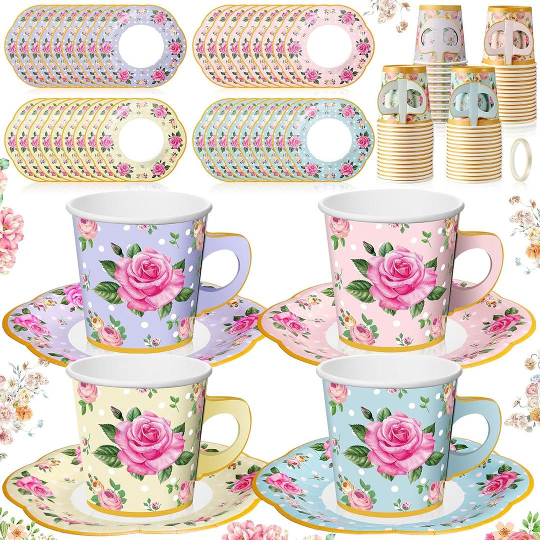 Umigy 36 Sets Tea Party Decorations 6.5 oz Floral Paper Tea Cups with Handle and Plates Disposable Blossom Teacups and Saucers Sets for Girls Kids Birthday Garden Wedding Party Supplies(Mixed Color)