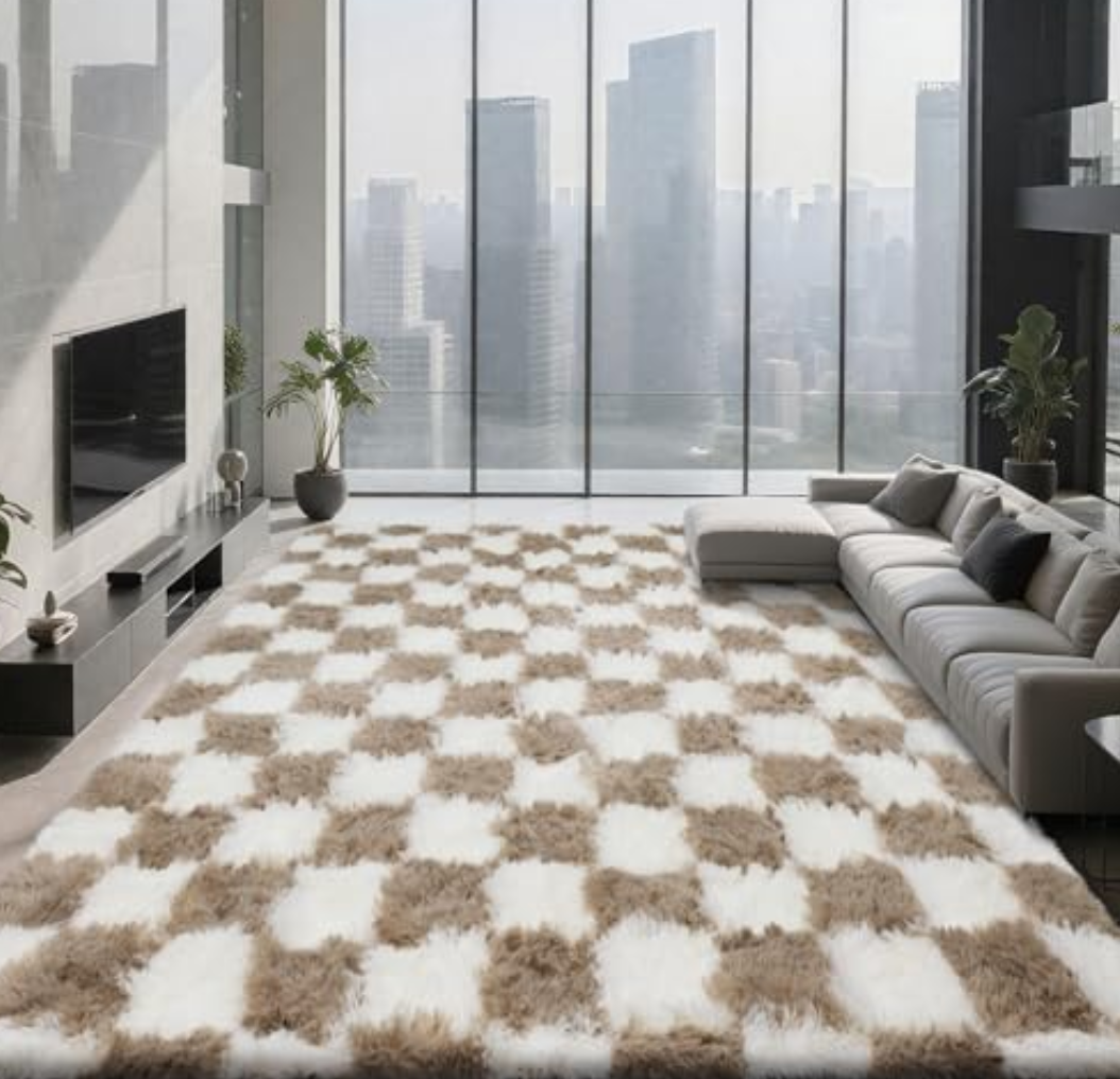Large Shag Area Rug for Bedroom, 9x12 Ft Beige and White Area Rug Classic Checkered Shaggy Anti-Skid High Pile Soft Fluffy Rug Fuzzy Carpet for Living Room Bedroom Kids Room Nursery, Dorm Home Decor