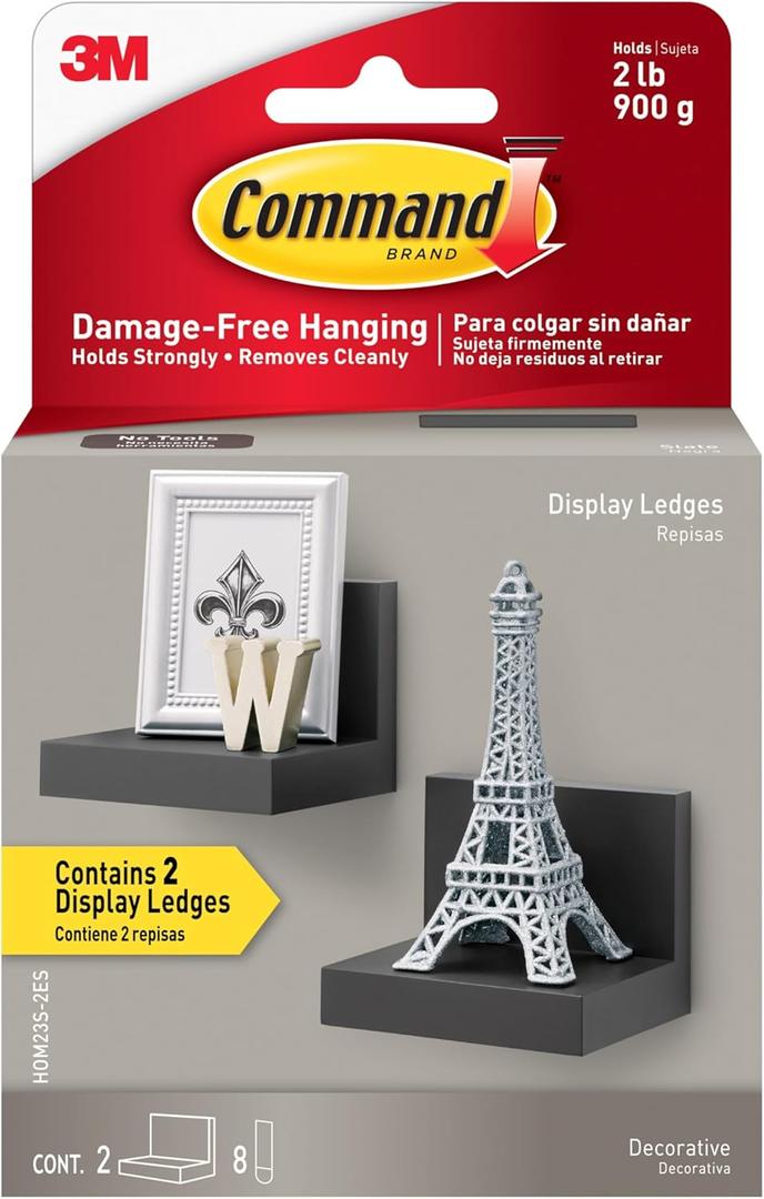 Command Display Ledges, Holds up to 2 lb, Slate, 2 Ledges with 8 Medium Command Strips, Damage Free Hanging Floating Shelf with Adhesive Strips, Personalize Living Room, Bedroom, Kids Room or Office