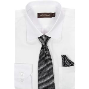 Alberto Danelli Boys Dress Shirt with Matching Tie and Handkerchief, Long Sleeve Button Down, Pocket (White, M)