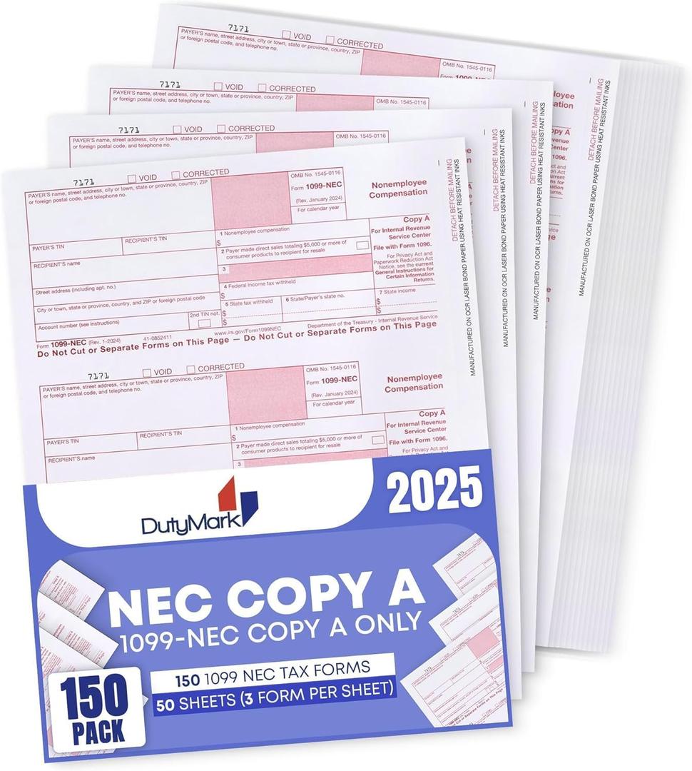 1099 NEC Copy A Income Forms, Federal Approved Lazer Tax Forms, Compatible with QuickBooks and Accounting Software, RED Copy A ONLY, 150 Pack (50 Sheets, 3 Forms Per Sheet)