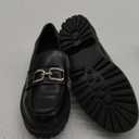 Women's Black Loafers – Size 8, Chunky Sole Slip-On Dress Shoes with Metal Chain Detail