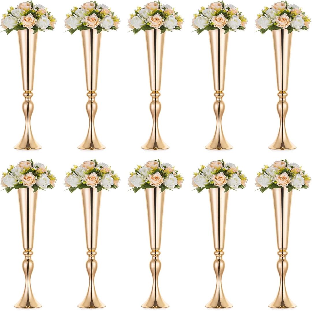 NUPTIO Gold Tall Centerpiece Table: 21.9" Trumpet Vases for Wedding Metal Flower Stand for Party Decorations Set of 10