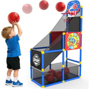 EagleStone 2-in-1 Kids Arcade Basketball Hoop with Dart Board,4 Balls Adjustable Height Basketball Toy Indoor Outdoor Carnival Games Gift for Boys Girls Toddlers Ages 3-6 Years Old,Pump Included (Red)