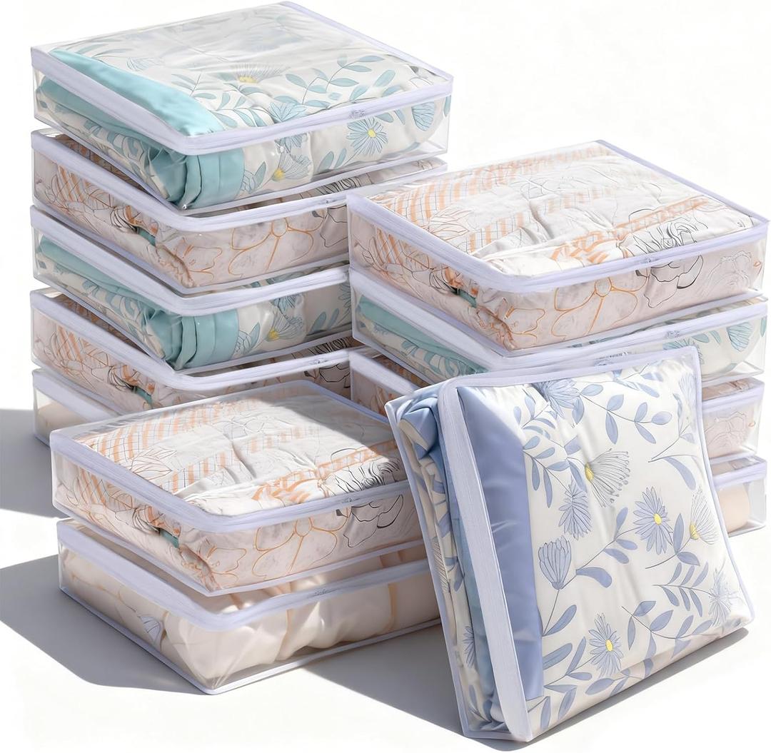 Dimeho 12 Pcs Clear Clothing Organizer Plastic Sweater Storage Bags Zippered Storage Bags with Label Pocket Container for Blankets Linen Sweater Clothes Bed Sheet Pillow (15.7 x 13.8 x 3.9 Inch)