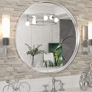 TokeShimi Round Mirror 24 Inch Brushed Silver Round Bathroom Mirror for Wall Non-Rusting Aluminum Alloy Brushed Silver Matte Metal Frame Modern Circle Mirror Multi Style Home Decor