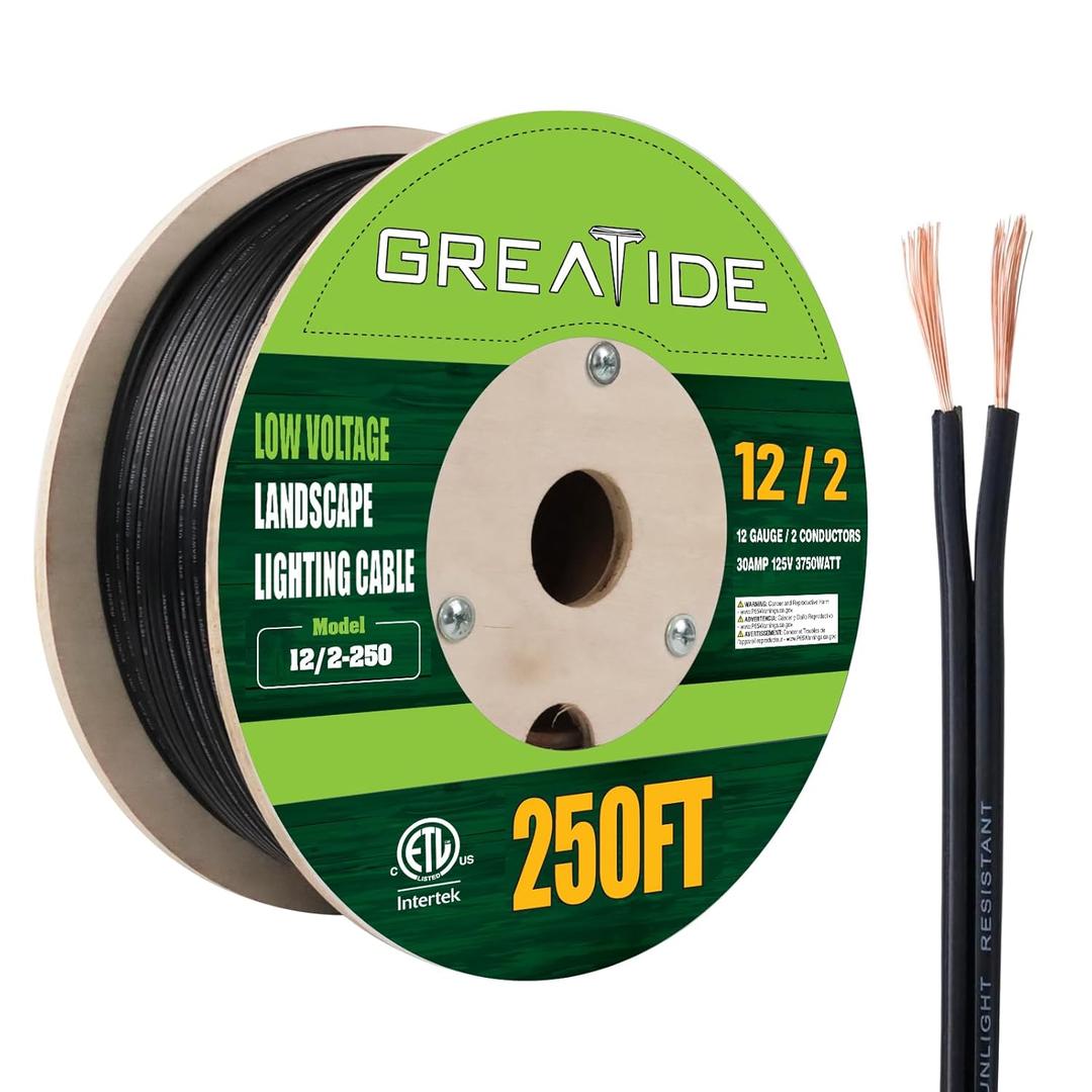 12/2 Low Voltage Landscape Lighting Wire, Outdoor Direct Burial Cable, 12 Gauge 2 Conductor, 250 Feet