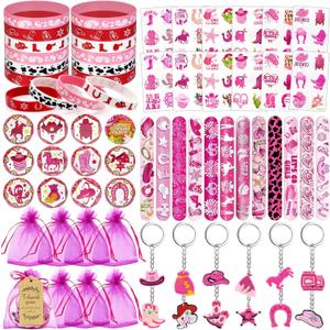 84 Pcs Cowgirl Party Favors Supplies, Cowgirl Slap Bracelets Tattoos Keychains Badges Gift Bags, Hot Pink Princess Western Birthday Rodeo Party for Girls
