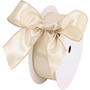 Champagne Satin Wired Ribbon 1.5 Inch, Wire Edge Ribbon for Gift Wrapping, 4th of July, Baby Shower, Wedding Decor, Christmas Tree, Crafts, Wreath Supplies 25 Yards