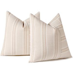 Hckot Decorative Throw Pillow Covers 18x18 Textured Striped Pillow Covers Linen Farmhouse Decor Cushion Covers for Couch Bed Living Room Sofa, Khaki