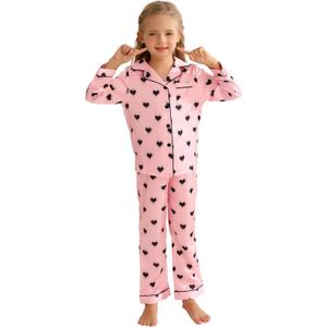 Veseacky Silk Long Sleeve Long Pants Unisex Nightwear Breathable Button Down Classic Notched Collar Pajamas (Pink Love, 12T( 160)