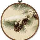 Voxitura Winter Snowy Pine Cone Branches Wall Art Round Framed, Vintage Christmas Snowy Snow Tree Wall Decor Canvas Hanging Living Room, Rustic Beige Prints Artwork Decorations for Bedroom 10x10in