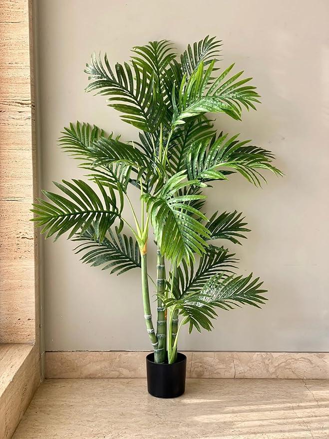 Artificial Areca Palm Plant Tall with Pot | Realistic Faux Palm Tree for Living Room, Office, Balcony & Indoor Decoration | Maintenance-Free Green Decorative Plant, 49 Inches 