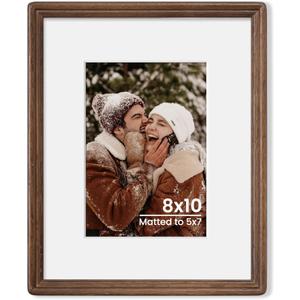 Axeman 8x10 Natural Solid Oak Wood Picture Frame with 5x7 Mat, Premium Rustic Wooden Photo Frames with Plexiglass, Poster Photo Frame Suitable for Gallery Wall Mount or Tabletop Display, Walnut