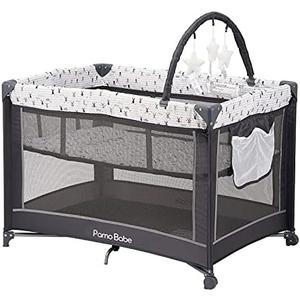Pamo Babe Portable Playard, Sturdy Play Yard with Padded Mat and Toy bar with Soft Toys