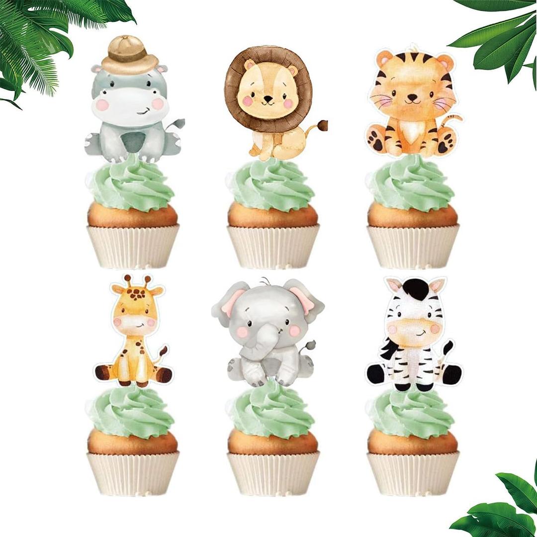 24Pcs Jungle Safari Animal Cupcake Toppers Happy Birthday Cake Decor for Jungle Theme Baby Shower Kids Birthday Party Wild One Cake Decorations Supplies