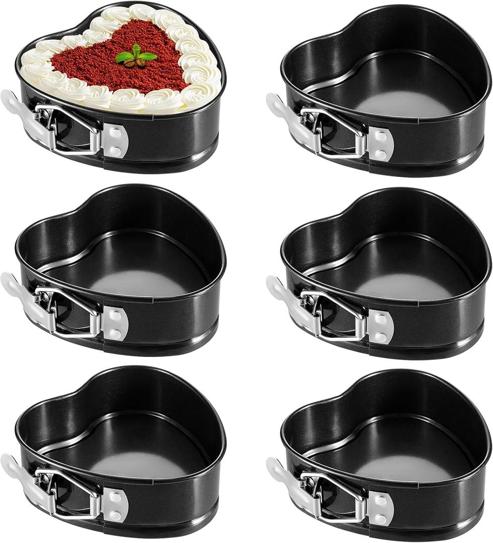 Hoolerry 6 Pcs Mini Heart Springform Pan 4 Inch Heart Shape Mini Cheesecake Pans Non Stick Cake Mold Small Cake Mold with Drop Bottom for Air Fryer Pressure Cooker Baking (Solid Color,Black)
