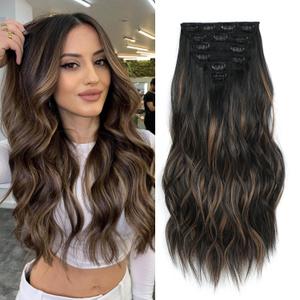 Clip in Hair Extensions, 6 PCS Natural & Soft Hair & Blends Well Lonng Wavy Hairpieces(20inch, 6pcs, Black&Dark mix light brown)