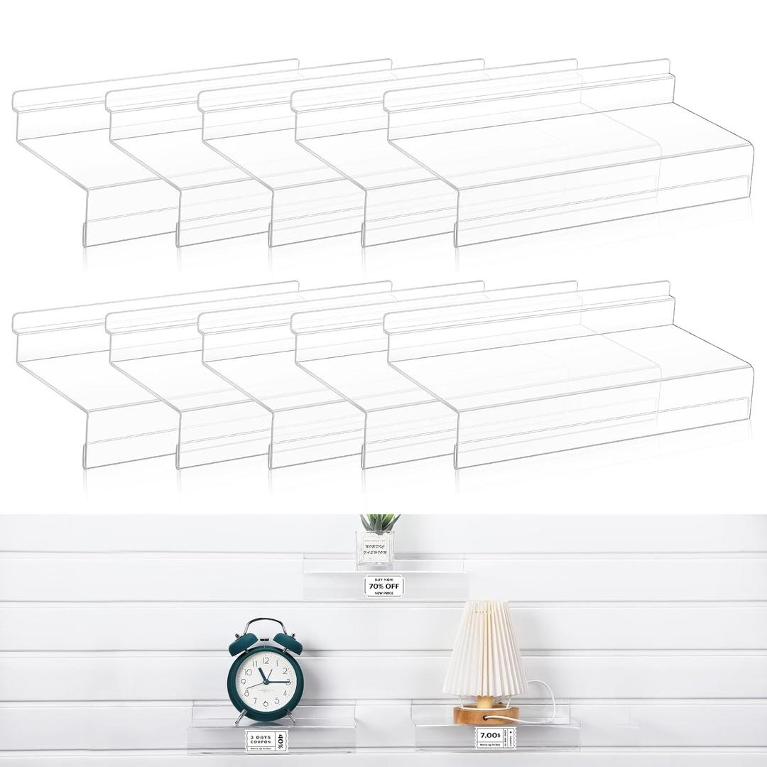 10 Pcs Acrylic Slatwall Shelves Hanging Slatwall Accessories 4 x 10 Inch Clear Shelf Hanging for Wall Living Room Bedroom Office Shoe Store Home Use Retail Display